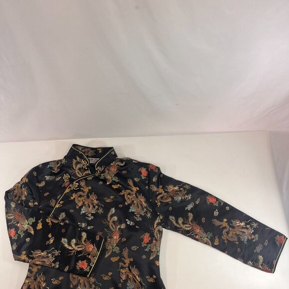 Yi Fang Asian Cheongsam Dress Women Black Embroidered Dragon Peacock Side Slit - Picture 5 of 14